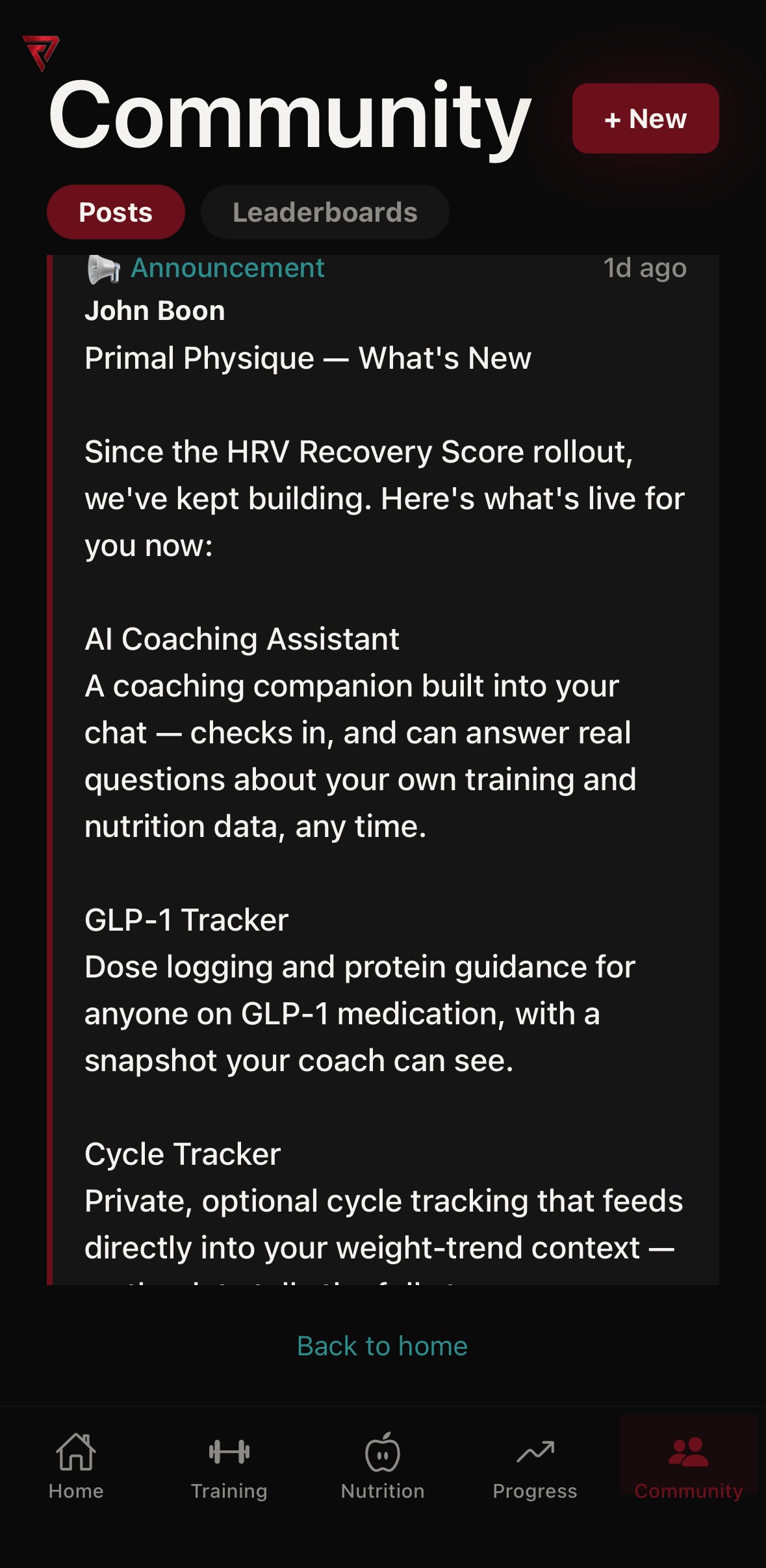 Community feed — coach announcements and updates