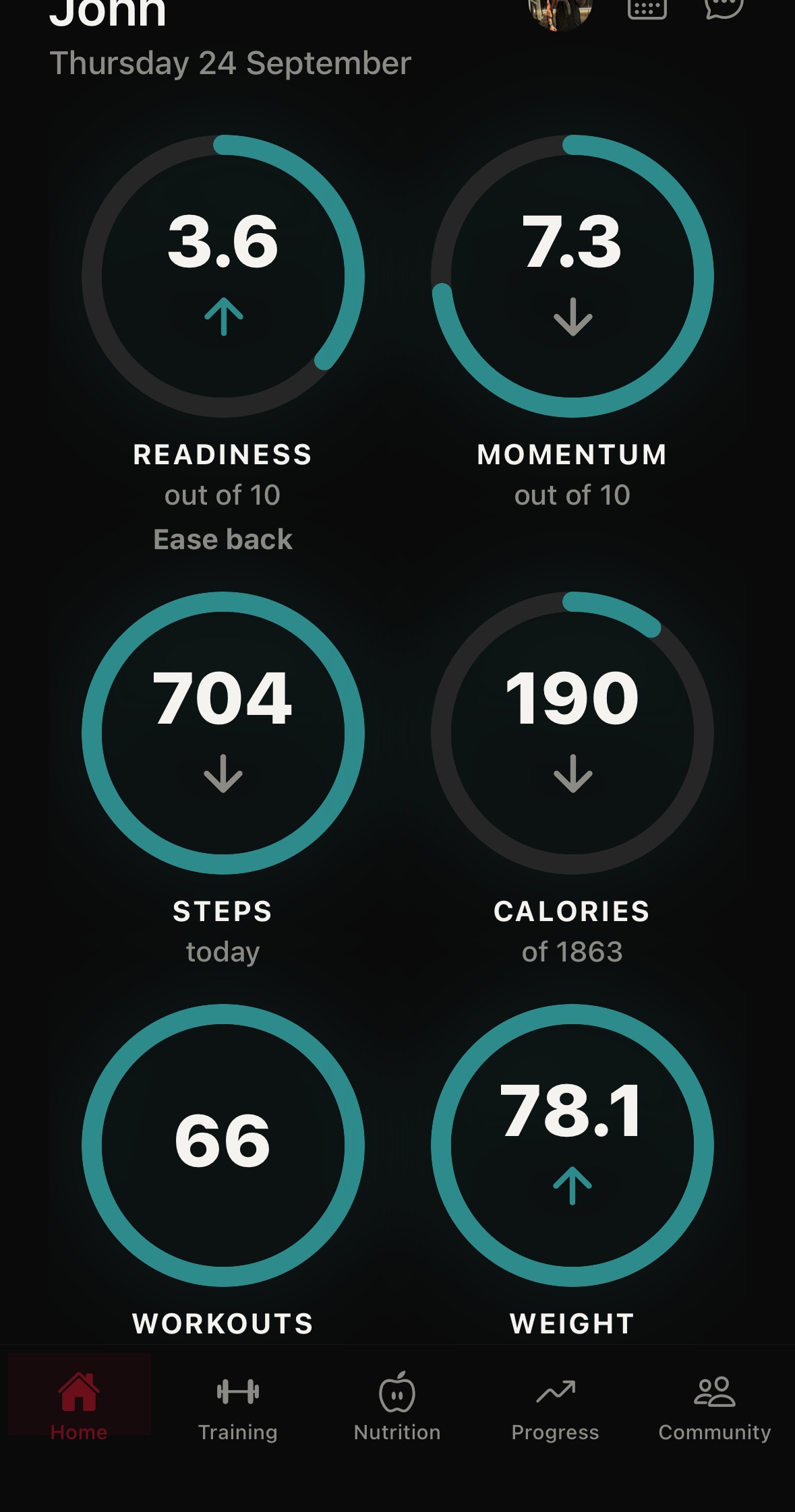 Home screen — momentum, readiness, steps