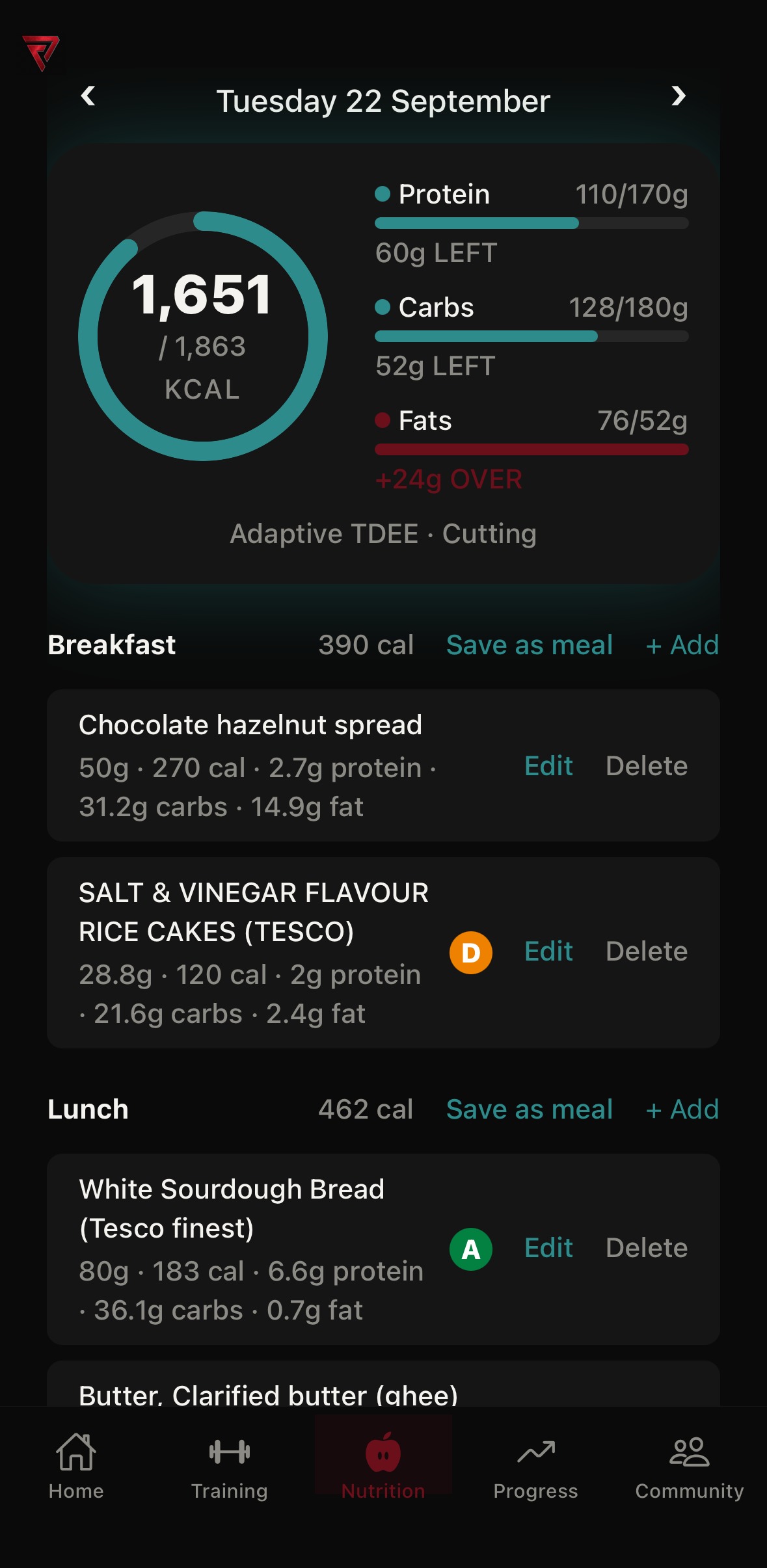 Nutrition screen — macro tracking