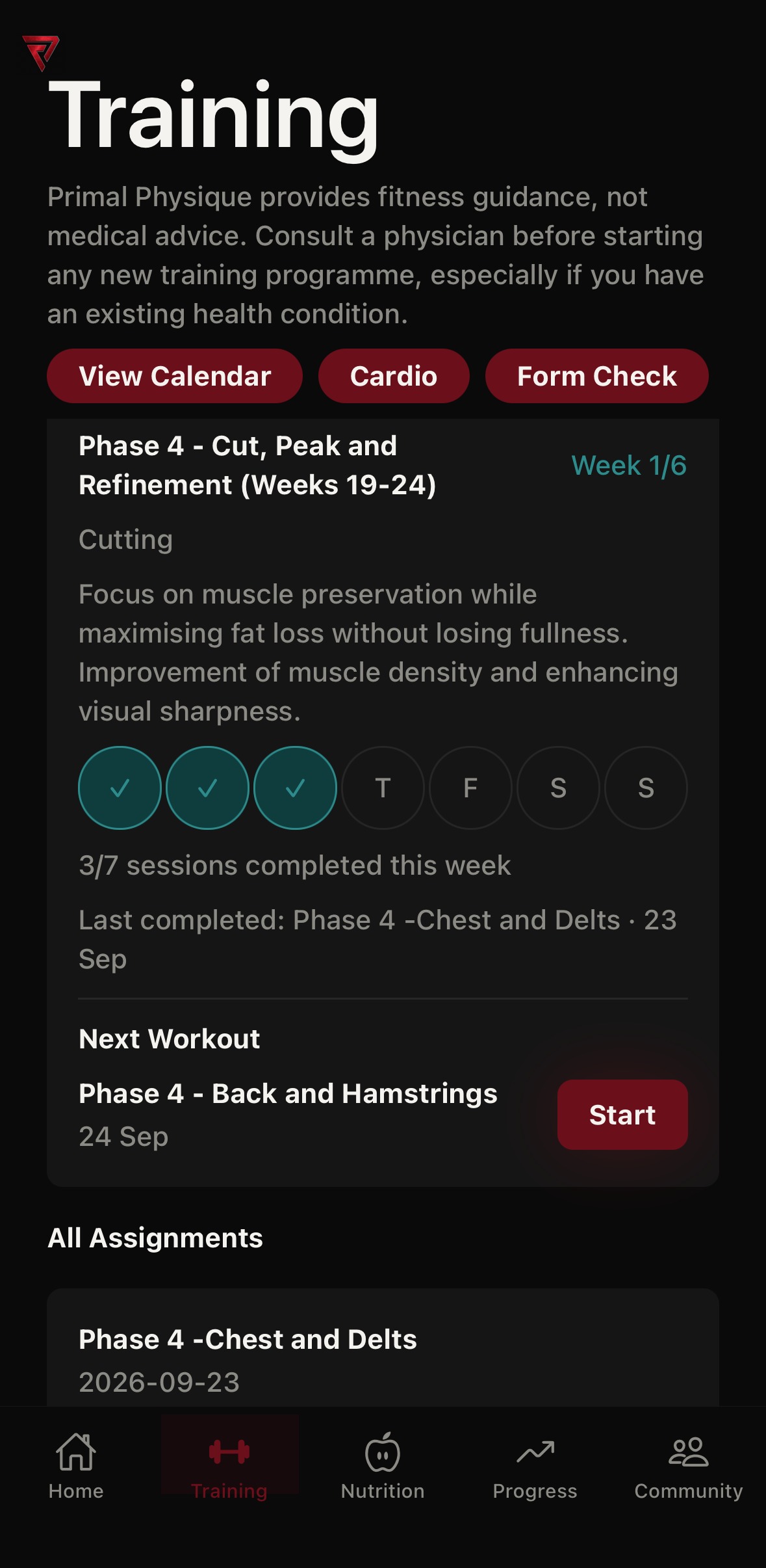 Training screen — active programme phase and weekly assignments
