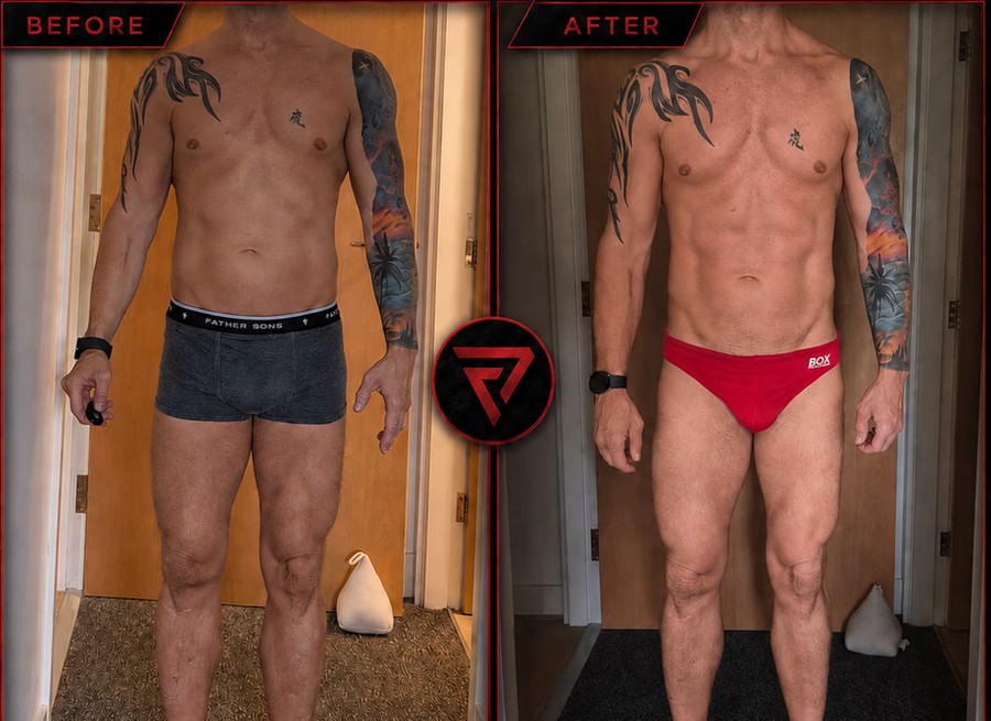 Kieran E before and after — Base Plan, 12 weeks